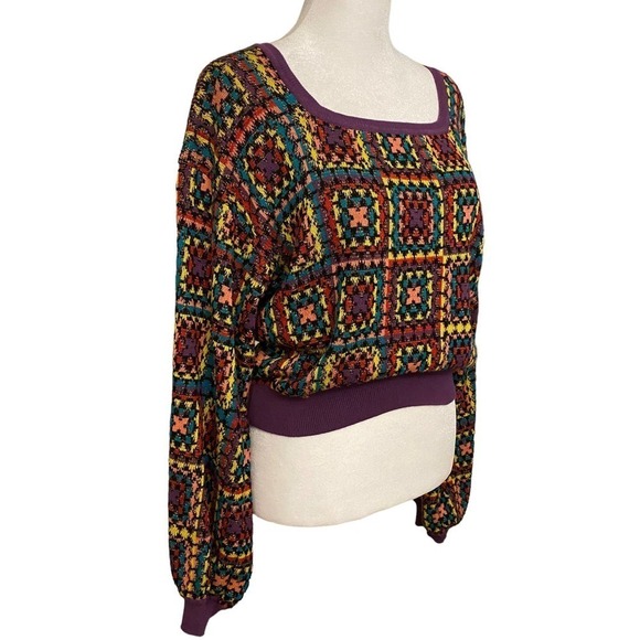 Farm Rio Granny Square Multicolor Boat Neck Geometric Knitted Crochet Sweater S - Picture 9 of 14